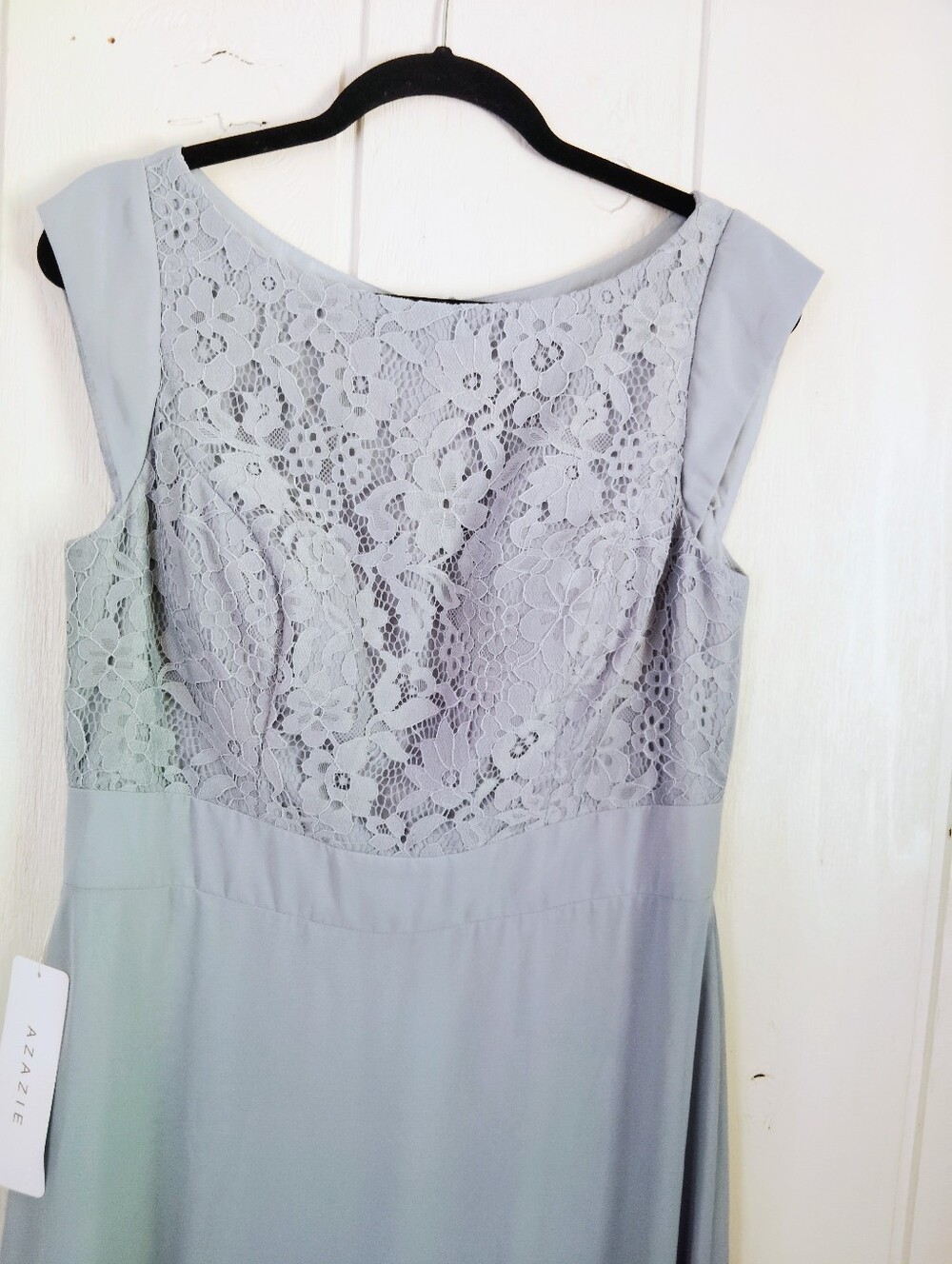 NWT!! Azazie Bettina A-line Lace Bodice Maxi Dress in Dusty Blue. Size 12 - Picture 10 of 14